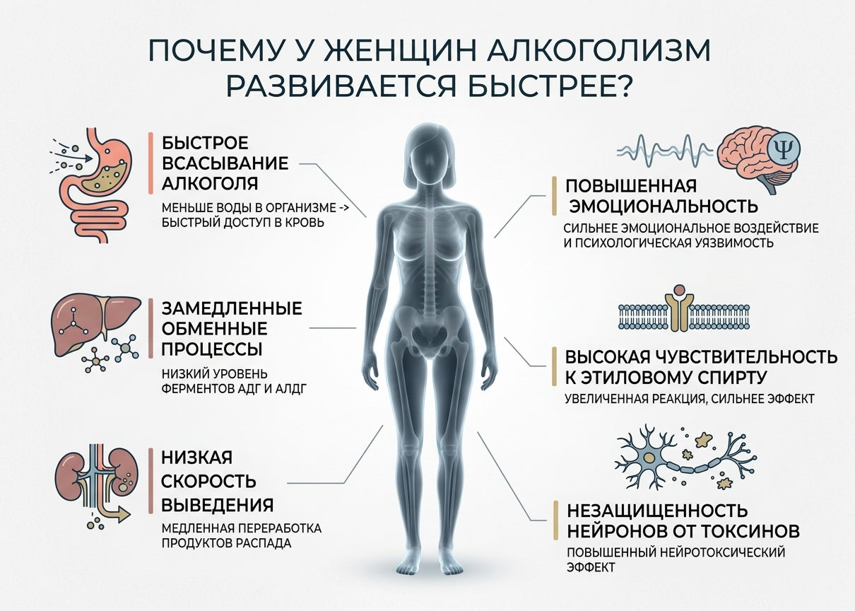 Инфографика с женским силуэтом и факторами быстрого развития алкоголизма у женщин — лечение женского алкоголизма